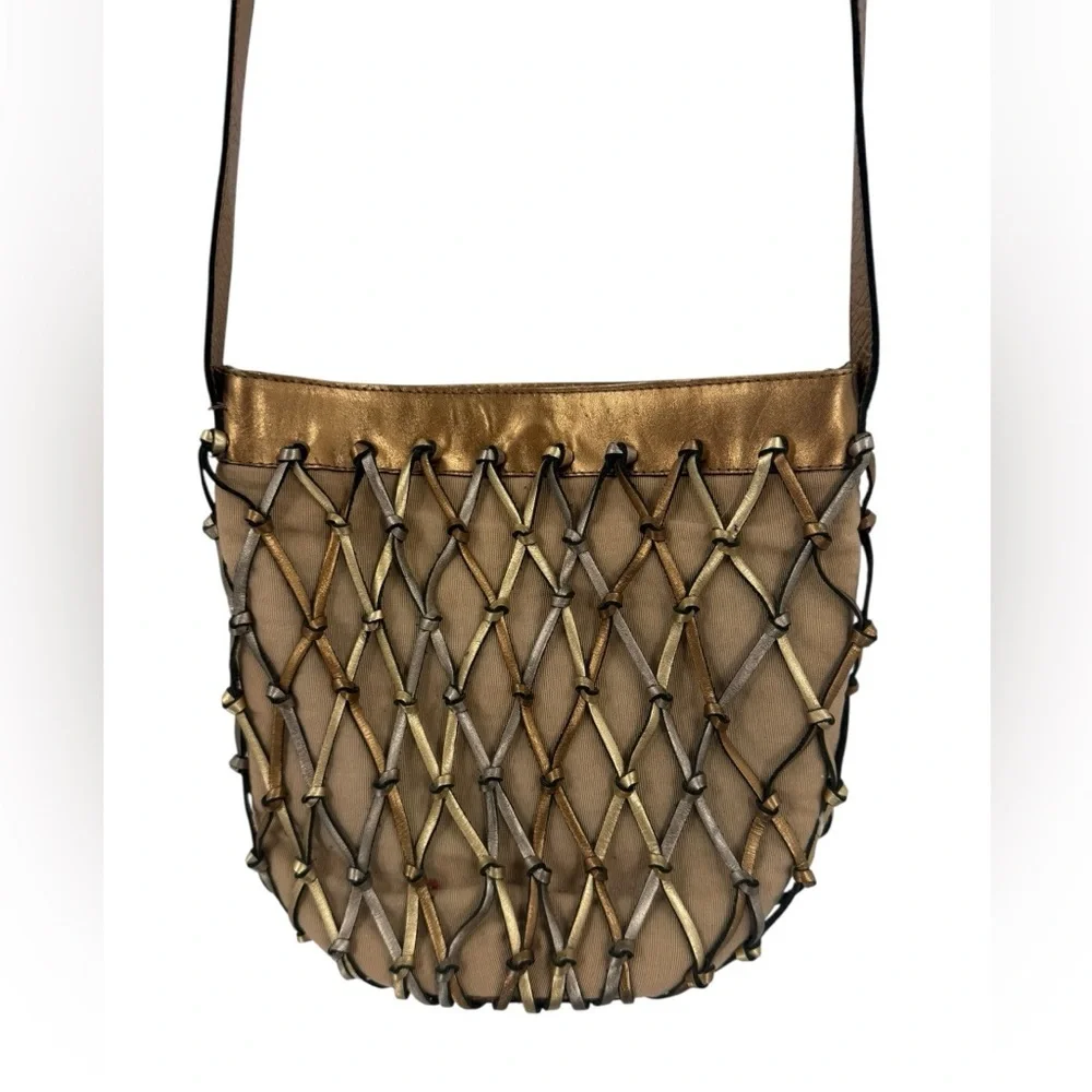 Maripe Genuine Leather Woven Lattice Shoulder Bag Metallic Gold Silver Copper